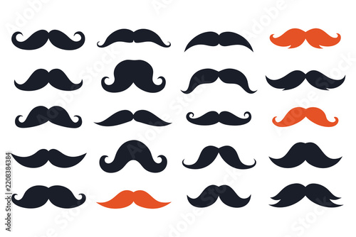 Vintage mustache set vector silhouettes, hipster facial hair styles collection, movember icons