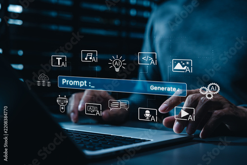 AI prompt and generative content creation concept. Person using laptop with prompt, generate, and multimodal AI icons, representing text, image, audio, design, code, smart content workflow, AI Agents