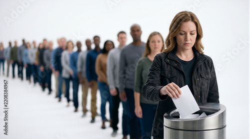 Woman throwing vote envelope into a trash can in election line, concept of wasted vote, political disillusionment and voter apathy