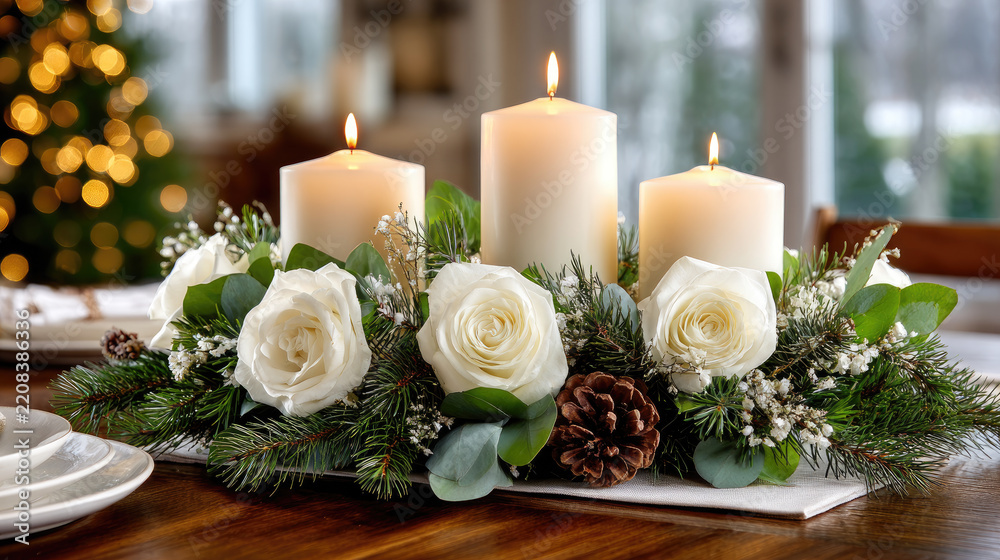Obraz premium Festive christmas table centerpiece with three glowing candles, white roses, pine branches and cones creating a warm, elegant, cozy holiday atmosphere for seasonal gatherings