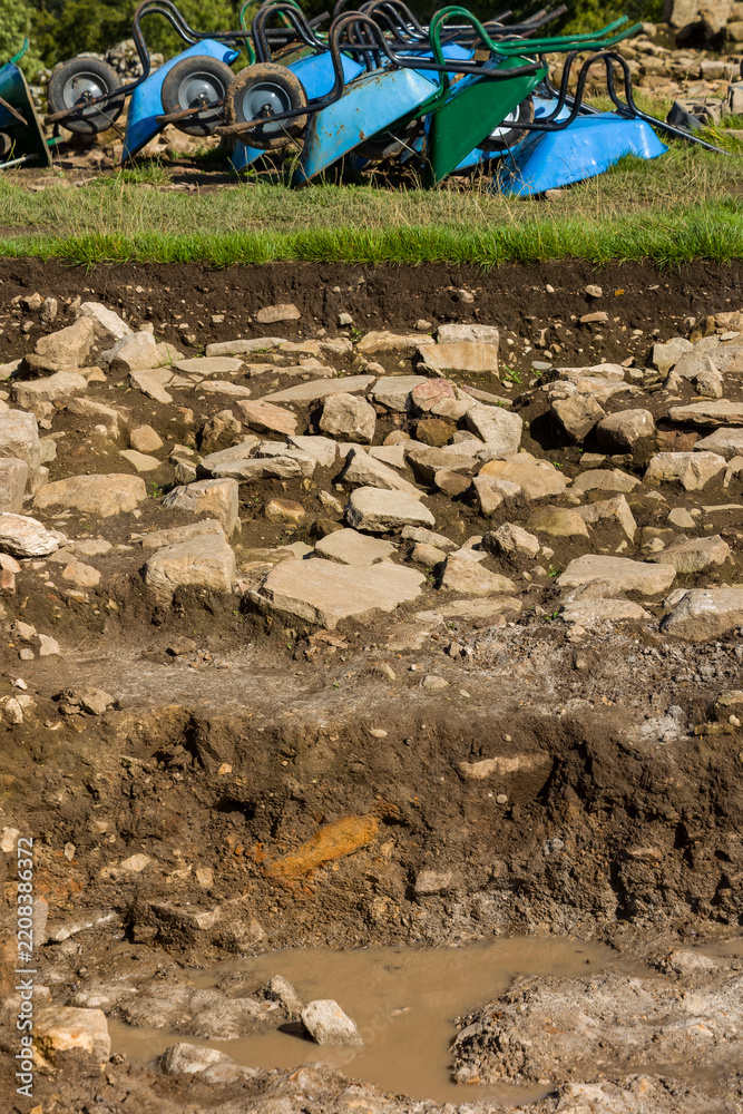 Obraz premium Excavation trench showing exposed stone paving and layered soil strata, row of wheelbarrows tipped above the grass bank at archaeological dig