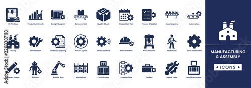 Manufacturing and assembly icon set, factory production, industrial engineering, and machinery vector symbols, 4k animated stock video
