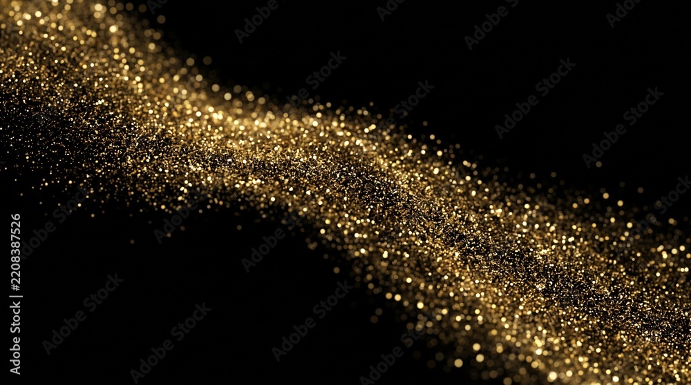 Fototapeta premium Golden glitter particle wave drift diagonally on black background with shimmering light trail
