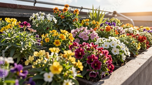 A beautiful rooftop garden showcasing a variety of vibrant flowering plants in colorful pots. This serene outdoor space captures the essence of nature and tranquility.