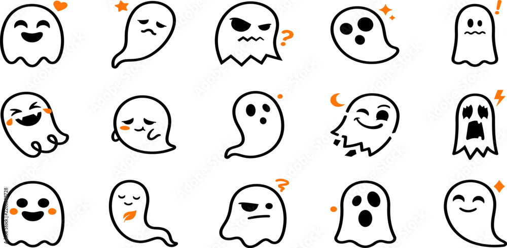 Fototapeta premium Set of cute hand drawn ghost characters with various funny facial expressions and emotions