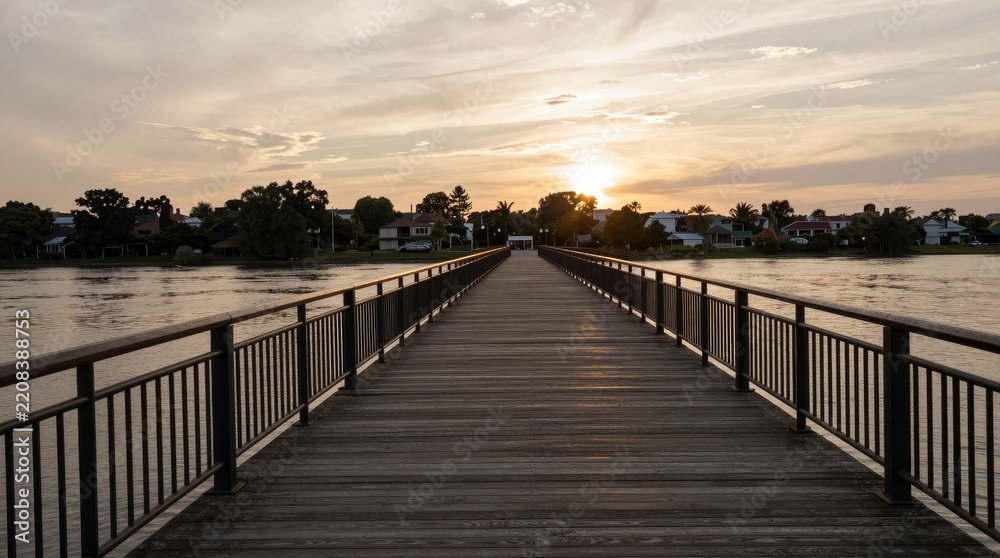 Fototapeta premium A stunning view of a wooden pier extending into calm water during sunset. The sky is painted with warm tones, creating a tranquil atmosphere perfect for relaxation and reflection.