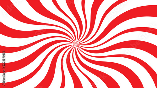 Red and White Spiral Sunburst Background, Abstract Swirl Pattern Vector Illustration for Circus, Carnival, Peppermint Candy, and Hypnotic Optical Illusion Designs.