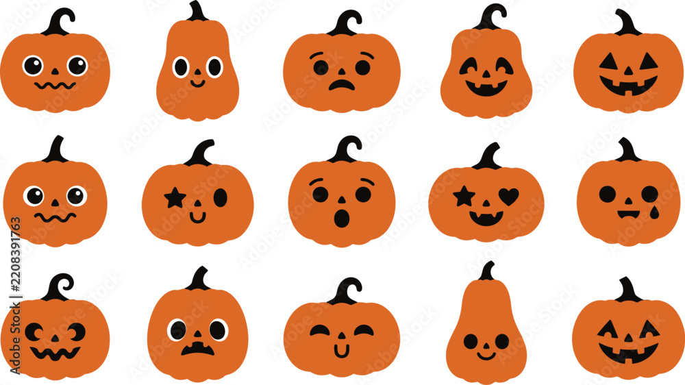 Fototapeta premium Vector illustration set of cartoon halloween pumpkins with minimalist facial expressions