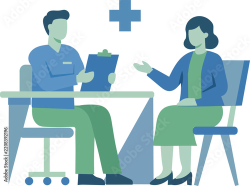 Doctor consultation icon set depicting medical practitioners inside clinic room during patient examination