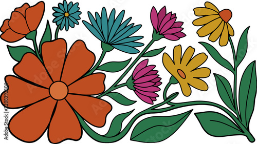 Groovy floral icon set featuring vibrant multicolored retro flowers with stems and leaves on a plain