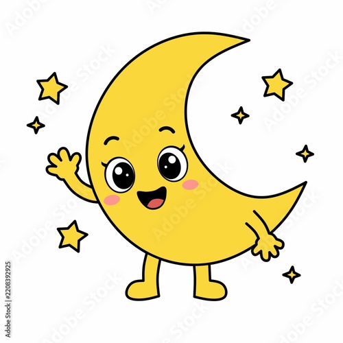 Cute Halloween crescent moon mascot with a cheerful face, waving pose, stars, and playful cartoon vector design