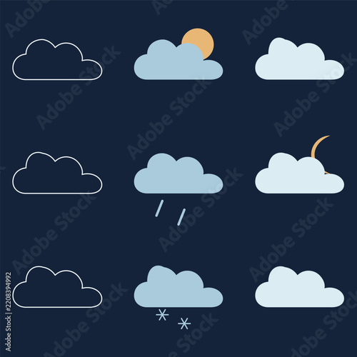 Weather icon set featuring clouds with sun moon rain and snow on dark blue background.