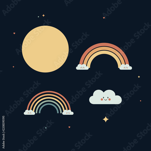 Whimsical night sky illustration with a full moon, two rainbows, and a happy cloud