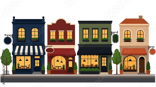 Vector illustration of a row of restaurant buildings along a city street, a plain hanging sign, and small trees on a white background.