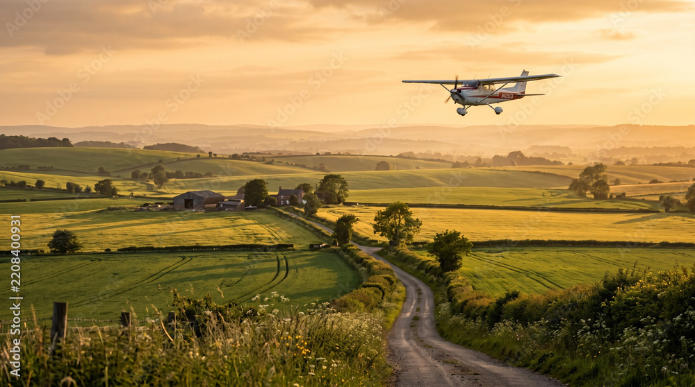 Fototapeta premium Light Aircraft Flying Above Green Agricultural Fields