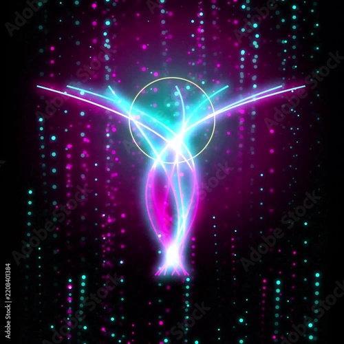 Neon abstract light trails and glowing particles background, futuristic digital energy flow motion
