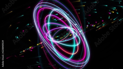 Neon abstract orbiting rings and glowing particles motion background, futuristic digital energy flow and science fiction technology visual effect