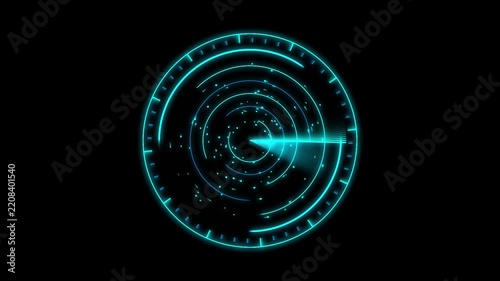 Neon blue digital radar hud interface scanning animation on black background, sonar