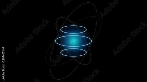 Abstract digital atom model with rotating energy rings and glowing core molecule science technology physics