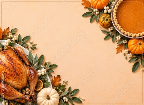 Thanksgiving Feast With Turkey, Pumpkin Pie, and Fall Decorations