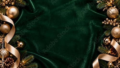 Green Fabric Background With Christmas Decorations and Ornaments in an Indoor...