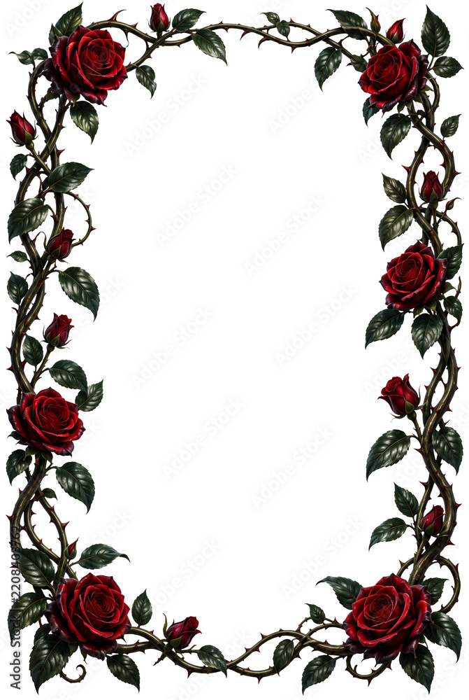 Fototapeta premium Red Rose Vine Frame with Green Leaves and Thorns - transparent PNG