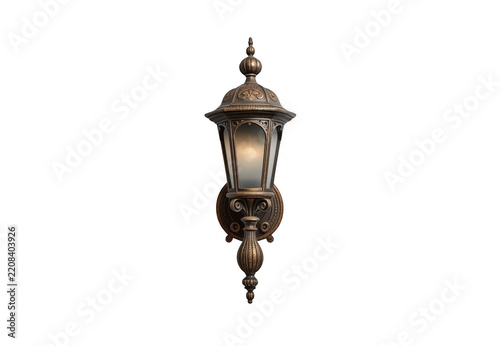Ornate bronze wall sconce featuring a lit bulb, on a transparent background
