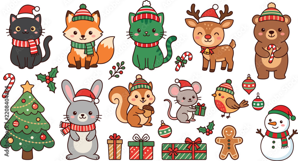 Obraz premium Charming collection of cartoon winter animals and festive holiday decorations vector illustration