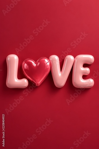 Love Displayed With Pink Letters and a Red Heart on a Red Background