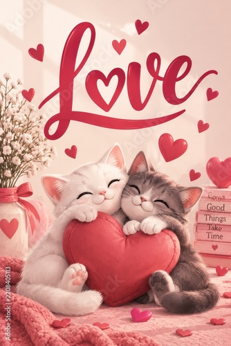 Cute Kittens Hugging a Heart With Love Text and Hearts in the Background