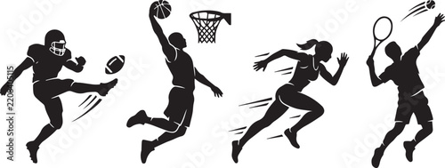 Black silhouette set of athletes playing american football, basketball, running, tennis