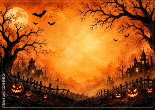 Spooky Halloween Scene With Pumpkins and Bats at Sunset