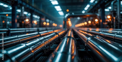 Close up of shiny metal pipes in industrial plant. Steel pipelines run through factory floor with orange bokeh lights. Modern manufacturing facility shows energy infrastructure, gas network, heavy