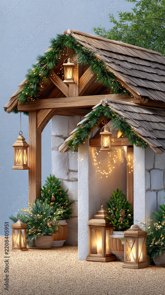 Obraz premium Rustic wooden manger scene with glowing lanterns, pine branches and cones among rocks, evoking a peaceful christian christmas setting symbolizing faith and the birth of christ