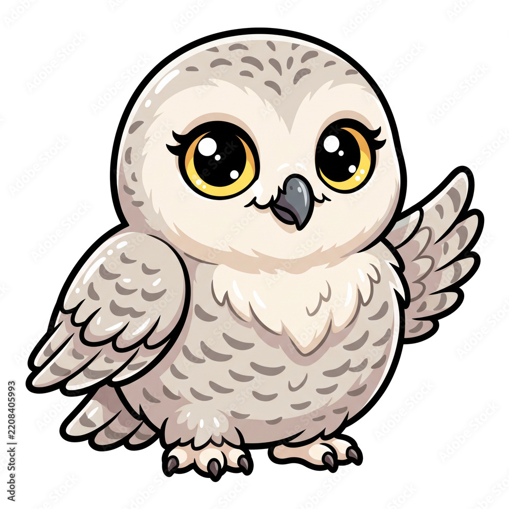 Fototapeta premium Cute Snowy Owl Illustration: An adorable, cartoonish snowy owl with large, sparkling eyes and soft grey markings, waving its wing in a friendly gesture.