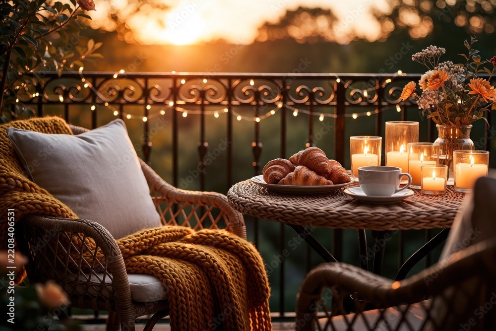 Fototapeta premium Cozy balcony setup at sunset with rattan furniture. Warm candles glow on table near croissants, hot coffee. Soft pillows, yellow knit blanket on armchair create relaxing atmosphere. Beautiful evening