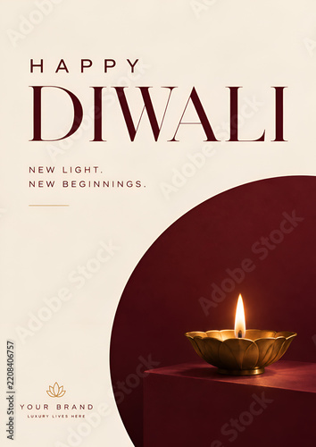 Diwali Greeting with Golden Diya on Ivory and Burgundy Background