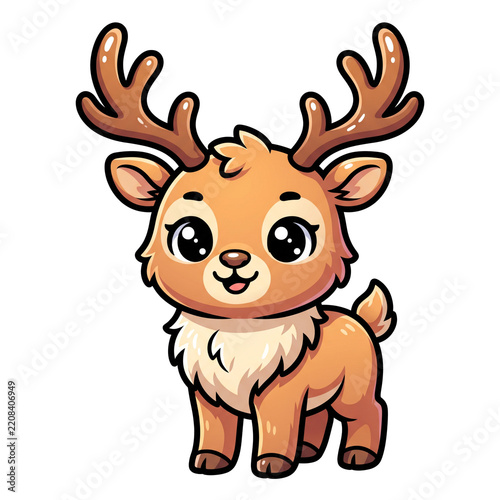 Cute Reindeer Illustration: An adorable cartoon reindeer with big, expressive eyes and impressive antlers stands proudly, ready for a festive holiday season.