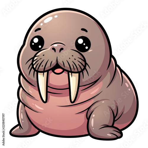 Cute Cartoon Walrus: A charming, big-eyed cartoon walrus with prominent tusks sits looking forward, conveying a sense of playful innocence and warmth.