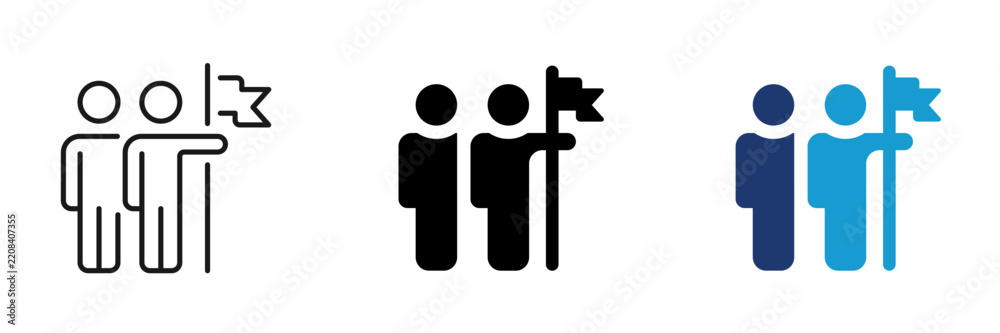 Obraz premium Team leadership icon set. Two people holding flag, goal achievement symbol. Flat and Line style collection.