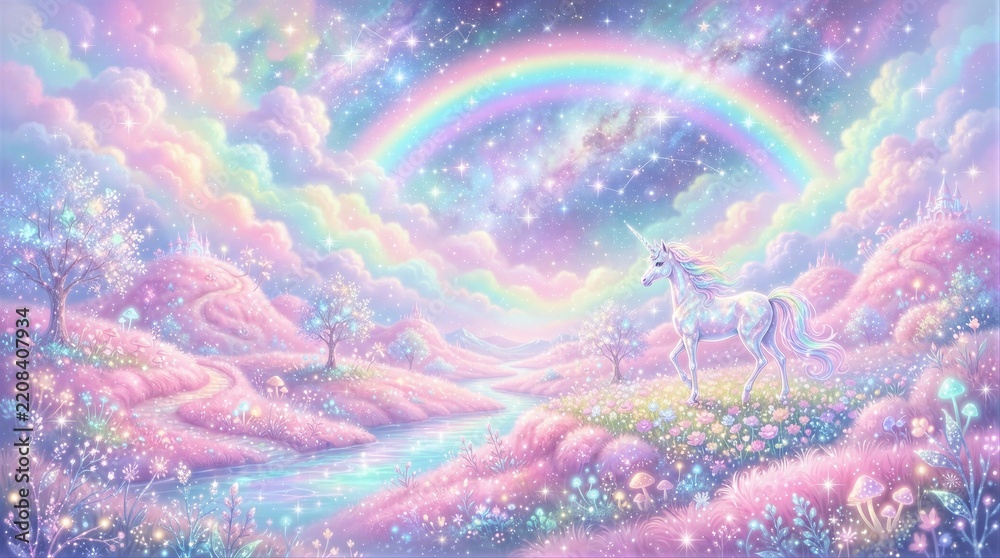 Obraz premium Soft pastel hills glow beneath a glowing rainbow. White unicorn stands still, serene and majestic. Starry clouds drift above, swirling with magic. Colorful flowers bloom along a winding riverbank