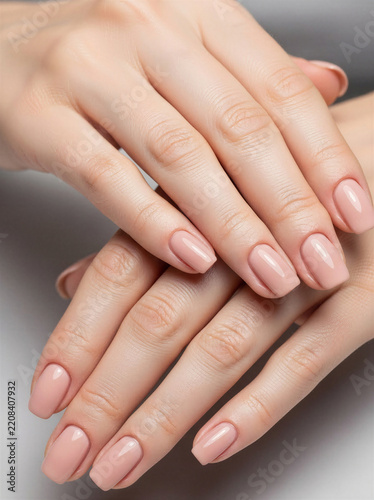 Elegant manicured hands with nude nail polish resting on each other  