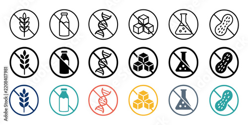 Food allergy and dietary restriction icon set showing gluten free lactose free non GMO sugar free chemical free and nut free symbols for packaging design