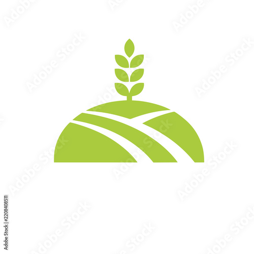 Stylized green farm field with wheat stalk icon