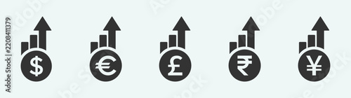 Cost increase icons set. Euro, Dollars, Pound, Yen and Rupee price increase icon. Value of money increase concepts [Converted]