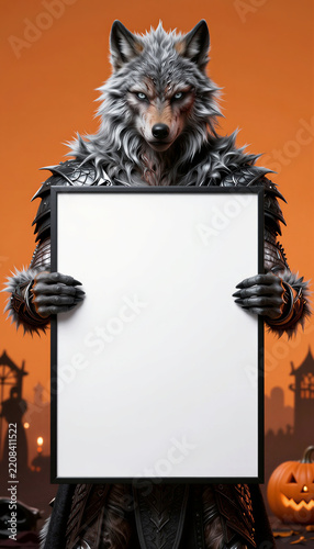 Fantasy wolf warrior holding blank sign for Halloween celebration