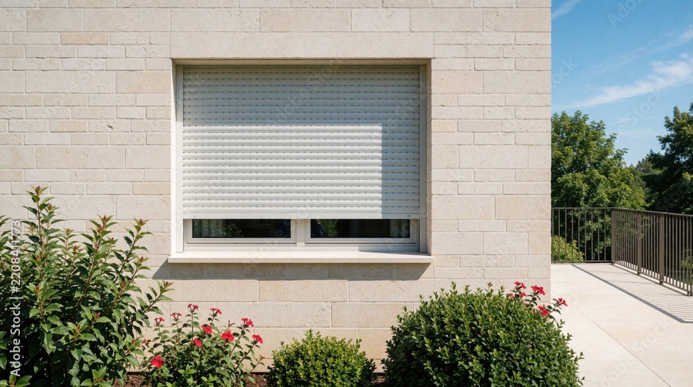 Fototapeta premium Modern house exterior with white rolling shutter on beige brick wall. Green garden plants with red flowers grow near building facade. Bright sunny day with blue sky, terrace balcony with metal