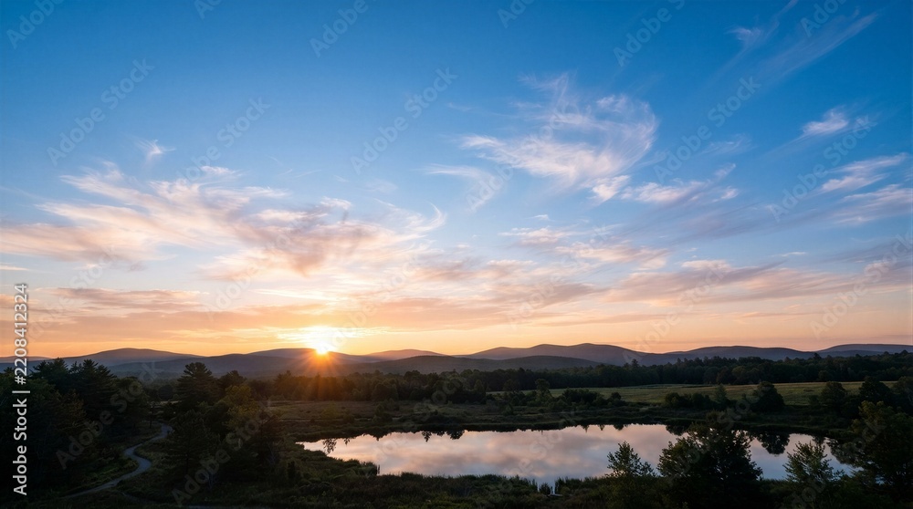 Fototapeta premium Golden sun dips low over distant hills. Sky blushes with soft orange and blue hues. Clouds drift gently across the evening horizon. Still lake mirrors the sun's fading glow. Trees frame the scene