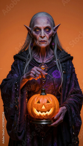 Elder witch holding glowing jack o lantern against orange background