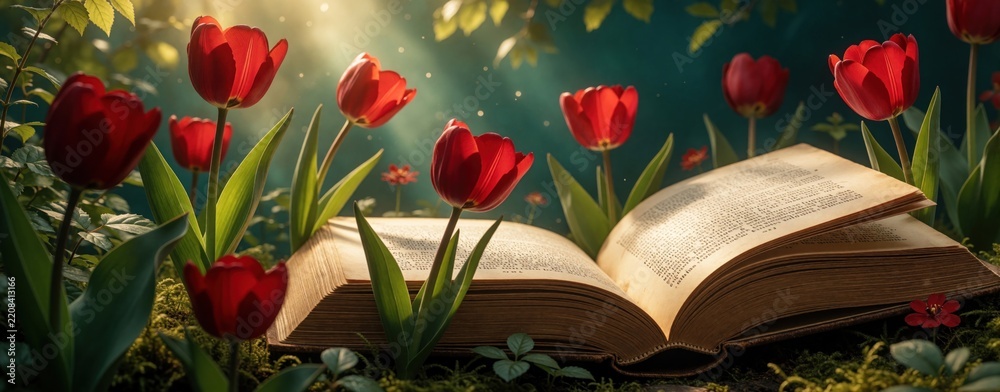 Obraz premium Open old book grows red tulips in magical forest. Fantasy garden with blooming flowers, sunlight rays. Literary concept of poetry inspiration, storytelling. Nature, literature blend in dreamlike